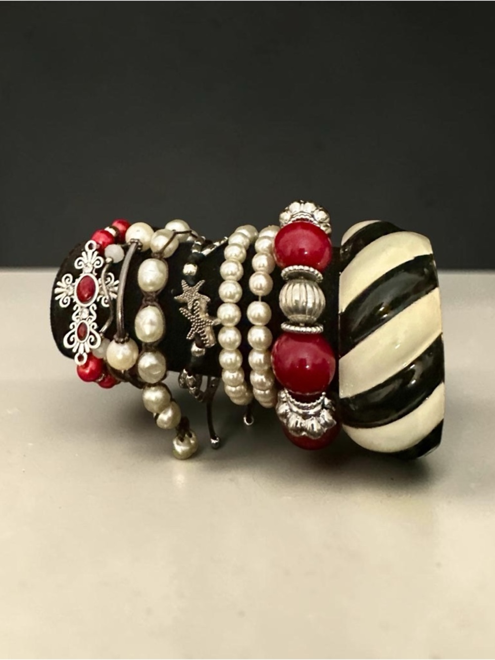 Red and Cream Mixed Bead Bracelet Stack with Silver Accents